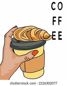 Vektorgrafik von Papier Tasse Kaffee mit Croissant. Einschreibung von Kaffee. Kaffeesicht für Poster, Postkarten, Zeitschriften, Werbung. Cappuccino, Kamericano, Espresso, Mocha, Latte, Kakao.
