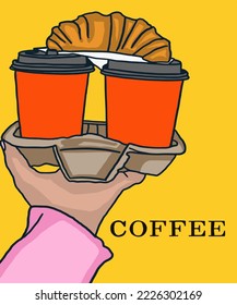 Vector illustration of paper cup of coffee with croissant. Inscription of Coffee. Coffee view for poster, postcards, magazines, advertising. Cappuccino, americano, espresso, mocha, latte, cocoa.