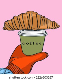 Vector illustration of paper cup of coffee with croissant. Inscription of Coffee. Coffee view for poster, postcards, magazines, advertising. Cappuccino, americano, espresso, mocha, latte, cocoa.
