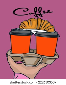 Vector illustration of paper cup of coffee with croissant. Inscription of Coffee. Coffee view for poster, postcards, magazines, advertising. Cappuccino, americano, espresso, mocha, latte, cocoa.