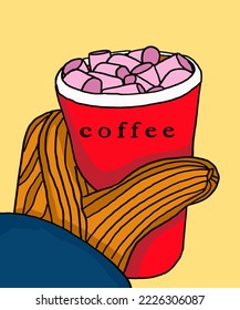 Vector illustration of paper cup of coffee with marshmallows. Inscription of Coffee. Coffee view for poster, postcards, magazines, advertising. Cappuccino, americano, espresso, mocha, latte, cocoa. 