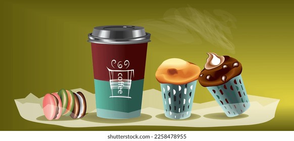 ilustración vectorial con una taza de papel de café, muffins y macarons sobre el papel transparente.