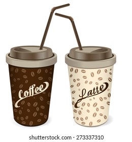 Vector illustration. Paper cup for Coffee and Latte with cover and cocktail  straw. Plastic Pack Template Ready For Your Design