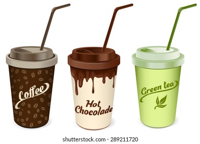 Vector illustration. Paper cup for Coffee, Chokolade and Green Tea with covers and cocktail  straws. Plastic Pack Template Ready For Your Design
