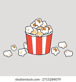 Ilustración vectorial de una taza de papel llena de palomitas de maíz, palomitas de maíz esparcidas cerca de la taza