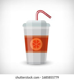 Vector illustration. Paper cup with orange cocktail and drinking straw. Flat style. Vignette background. Element for web designs.