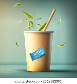 Vector illustration . Paper cup with straws and green sprout. Drinks, soda, cocktail, milkshake on a blue-green background 