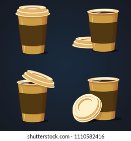 Vector illustration of paper cups with lids in different positions