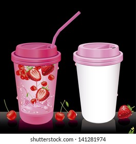 Vector illustration .paper cups with tubes. Strawberry -Cherry juice