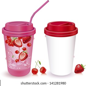 Vector illustration .paper cups with tubes. Strawberry -Cherry juice
