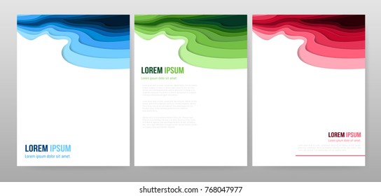 Vector Illustration. Paper cut abstract wave blue green red background. Paper art carving