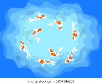 Vector illustration Paper cut. Beautiful japanese Koi fish wimming on water in trendy craft style. 