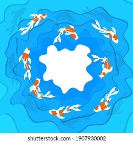 Ilustración vectorial Cortado de papel. Hermoso pescado japonés Koi sobre el agua al estilo artesanal de moda. 