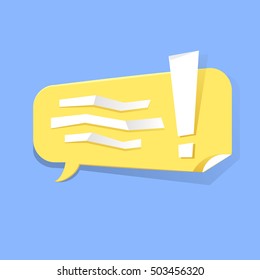 Vector illustration of a paper cut chat box with abstract message and Exclamation point on blue background in a flat design