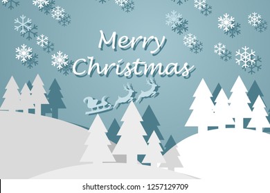 Vector Illustration of a paper cut christmas landscape background with firs, shadow, reindeer, snowflakes,  and reindeer sled. Suitable for greeting card, poster, and banner.