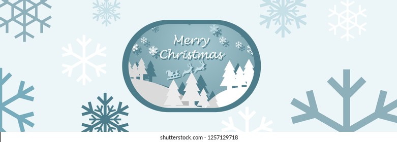 Vector Illustration of a paper cut christmas landscape background with firs, shadow, reindeer, snowflakes,  and reindeer sled. Suitable for greeting card, poster, and banner.