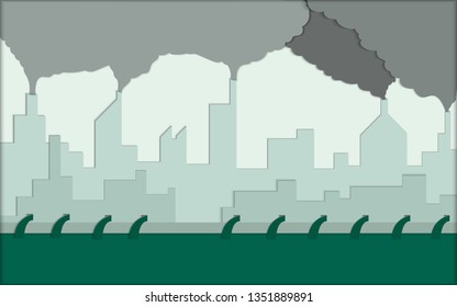  vector illustration paper cut of the factory  with smoke pollution global warming effects for background.