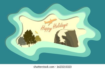 Vector illustration of paper cut flat design having Happy Holidays message, mountain valley, bird, trees and airplane silhouette