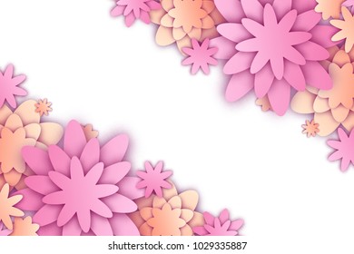 Vector illustration with paper cut flowers and place for text. Trendy spring and summer origami background
