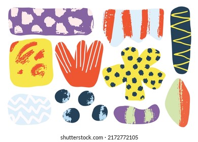 Vector illustration of paper cut group. Set of abstract geometric scrabble elements painted of colorful texture. Modern hand drawn doodle design. Collection of craft geometry shapes for collage.