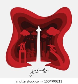 Vector Illustration Paper Cut Jakarta and Culture Paper Art Design With Red Background Vector Stock Illustration