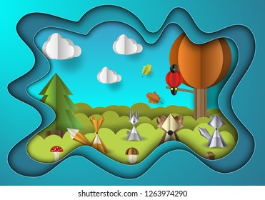 Vector illustration of paper cut with layers. Forest with wild animals, trees and mushrooms, Fluffy clouds with shadow on the sky