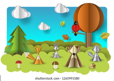 Vector illustration of paper cut with layers. Forest with wild animals, trees and mushrooms, Fluffy clouds with shadow on the sky.