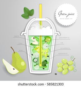 Vector illustration with paper cut multilayer pattern. Cup of green drink with fruits and mint. 