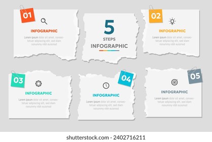 Vector illustration paper cut note infographic template with 5 options or step icons.