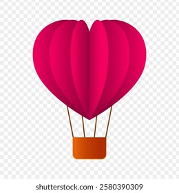 Vector illustration of paper cut pink heart hot air balloon on transparent background