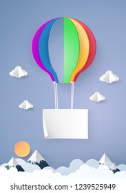 Vector Illustration. paper cut rainbow balloon and in blue sky background.Paper art carving