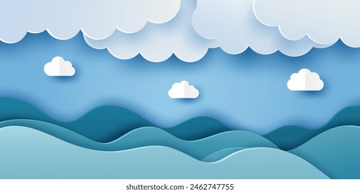 Ilustración vectorial, corte de papel, mar, nubes, olas