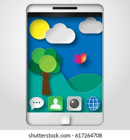 Vector illustration paper cut shadow box smartphone with icons and background