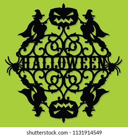 A vector illustration of a paper cut silhouette halloween party invitation banner. The halloween banner is made of pumpkin, witches and halloween phrase.