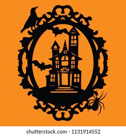 A Vector Illustration Of A Paper Cut Silhouette Halloween Spooky Manor Mansion Ornate Frame.