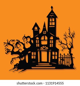 A vector illustration of a paper cut silhouette halloween spook manor mansion.