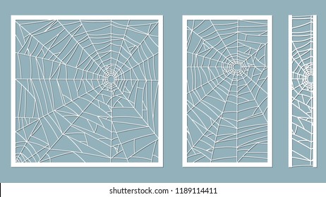 A vector illustration of paper cut silhouette spider web on a gray background. Laser cutting template. Halloween vintage ornate swirl pattern. For plotter and silk screen printing. serigraphy