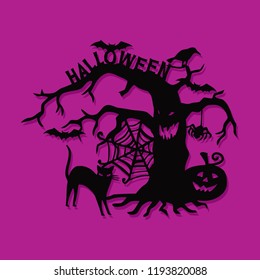 A vector illustration of a paper cut silhouette halloween spooky tree tree.