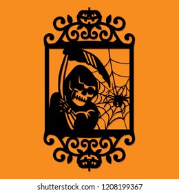 A vector illustration of a paper cut silhouette halloween grim reaper in ornate frame.