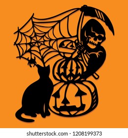 A vector illustration of a paper cut silhouette halloween grim reaper decoration.