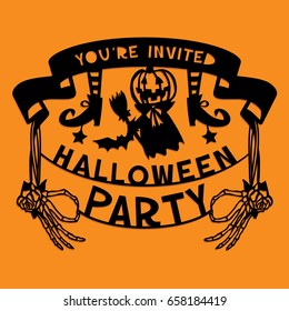 A vector illustration of a paper cut silhouette halloween party invitation banner. The halloween banner is made of pumpkin, skeleton hands and lettering.