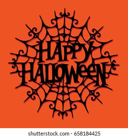 A vector illustration of paper cut silhouette happy halloween spider web.