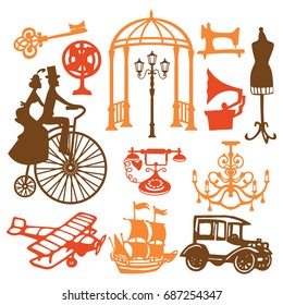 A vector illustration of paper cut silhouette vintage victorian design elements set like antique objects, vintage cars and home items.