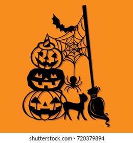 A vector illustration of a paper cut silhouette halloween pumpkin stack broomstick decoration.