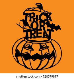 A vector illustration of a paper cut silhouette halloween pumpkin trick or treat decoration.