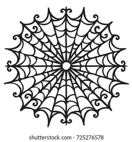 A vector illustration of paper cut silhouette spider web on a white background. Laser cutting template. Halloween vintage ornate swirl pattern.