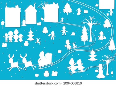 Vector illustration of paper cut silhouettes of cartoon Santa Claus, people, children and gifts for Christmas 