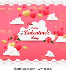 vector illustration of paper cut style Happy Valentine's Day greetings background