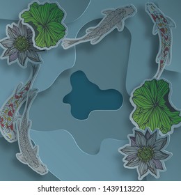  Vector illustration in paper cut style. koi fish, water pond with lotus background.