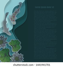  Vector illustration in paper cut style. koi fish, water pond with lotus background.